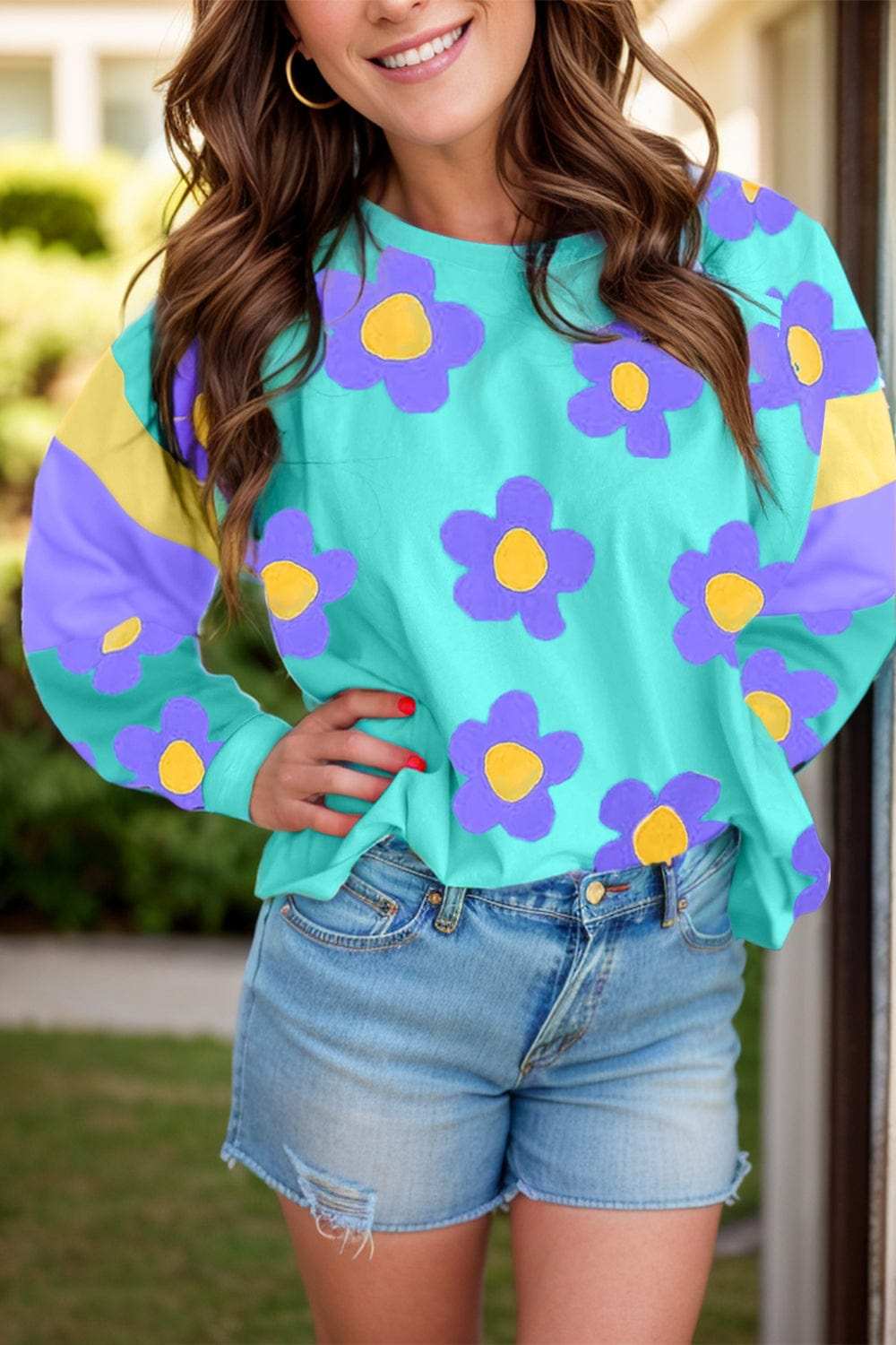 Contrast Flower Round Neck Long Sleeve Blouse - Trendsi - Flyclothing LLC