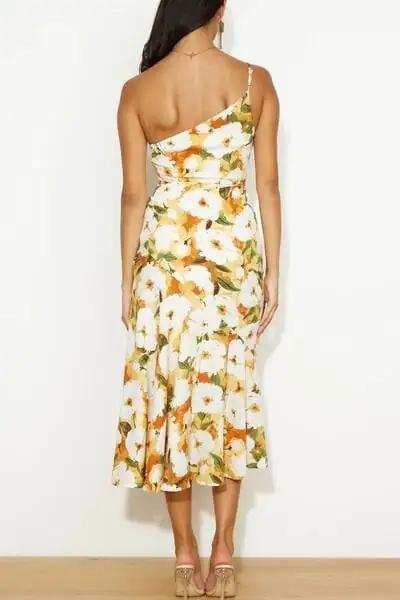 Ruched Printed Single Shoulder Midi Dress - Trendsi - Flyclothing LLC