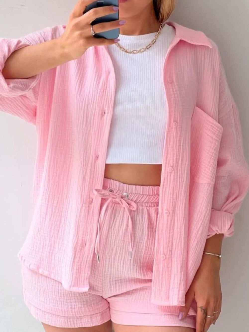 Textured Button Up Shirt and Shorts Set - Trendsi - Flyclothing LLC