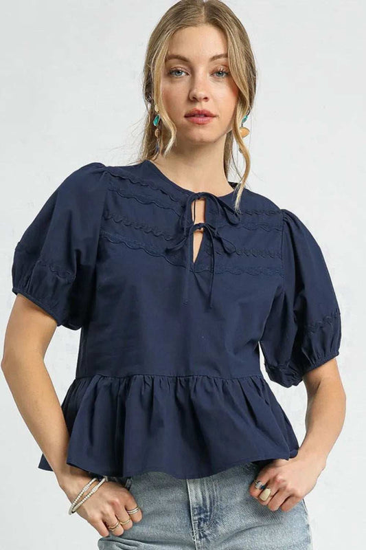Umgee Tie Front Puff Sleeve Blouse - Trendsi - Flyclothing LLC