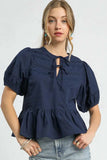 Umgee Tie Front Puff Sleeve Blouse - Trendsi - Flyclothing LLC