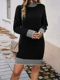 Striped Mock Neck Long Sleeve Sweater Dress - Trendsi - Flyclothing LLC