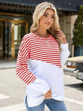 Slit Contrast Striped Long Sleeve Sweatshirt - Trendsi - Flyclothing LLC