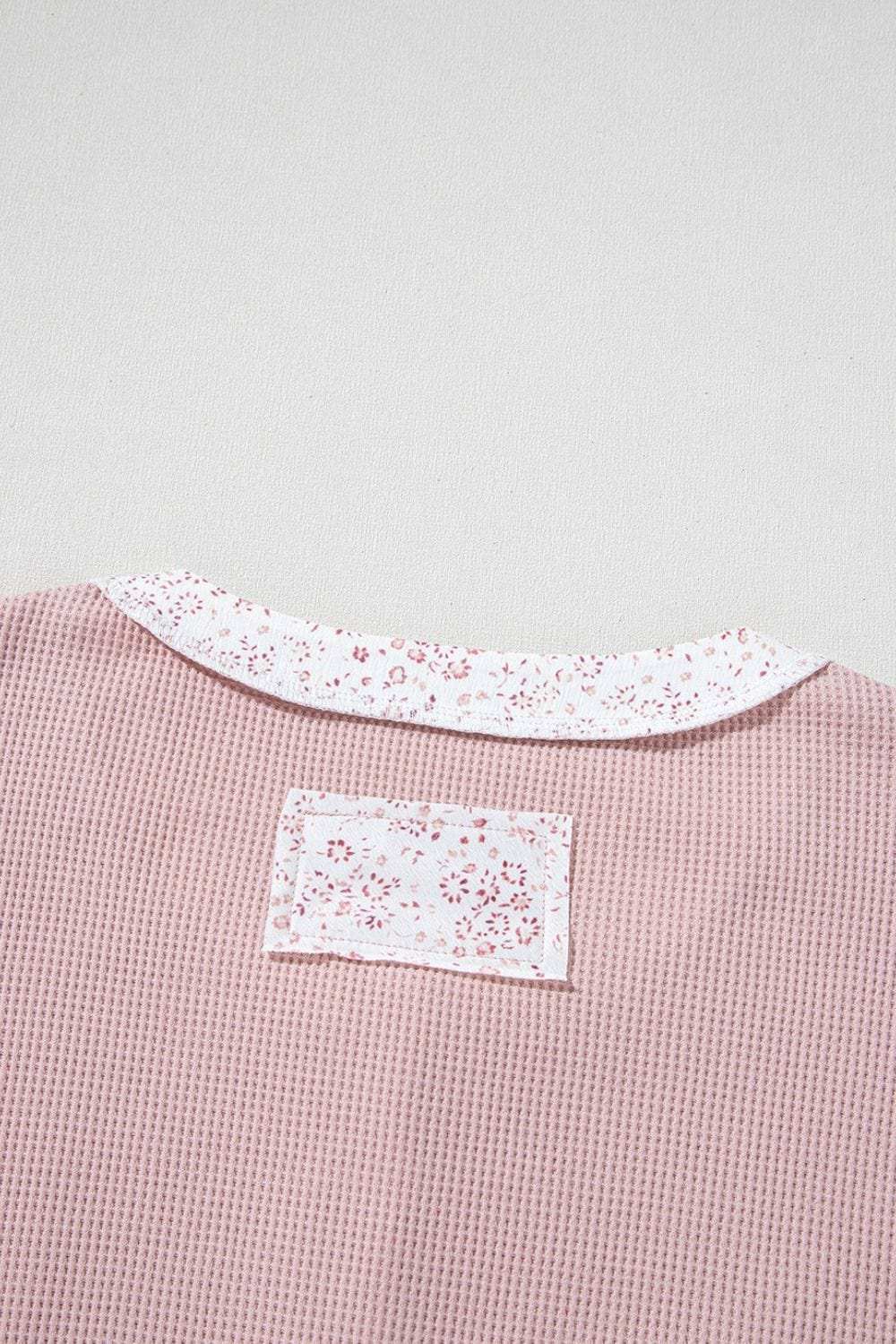 Waffle Floral Patchwork Exposed Seam Detail Short Sleeve Top - Trendsi - Flyclothing LLC