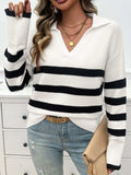 Striped Collared Neck Long Sleeve Sweater - Trendsi - Flyclothing LLC