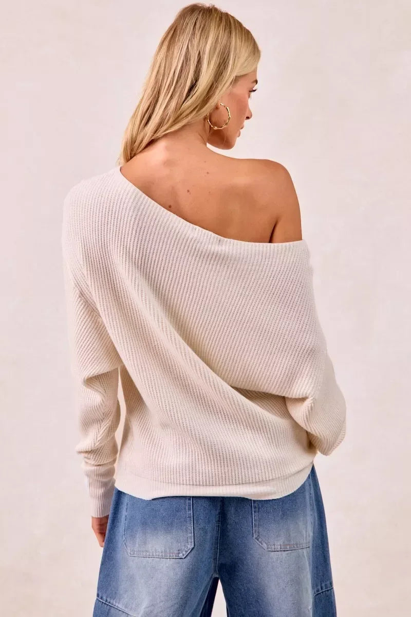 BiBi Waffle Knit Off Shoulder Top - Trendsi - Flyclothing LLC