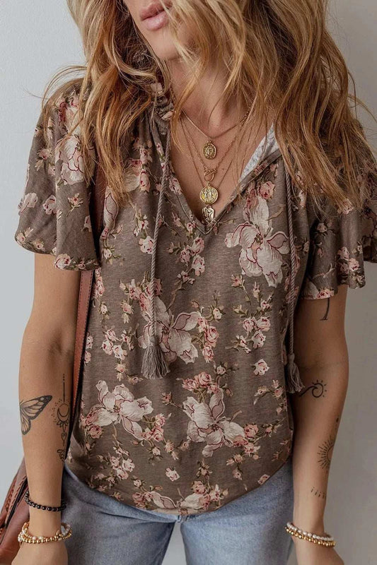 Floral Print Tassel Tie Split Neck Short Sleeve Blouse - Trendsi - Flyclothing LLC