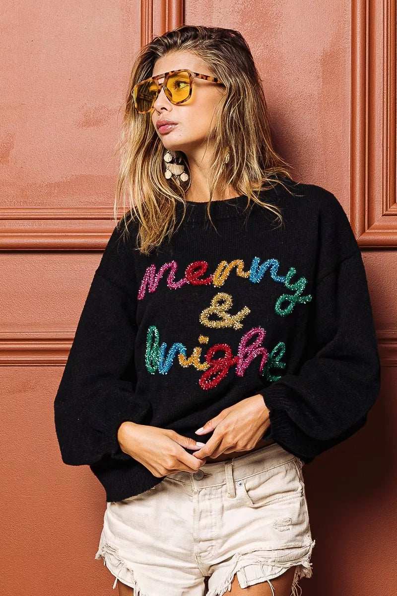 BiBi Tinsel Lettering Christmas Sweater - Trendsi - Flyclothing LLC