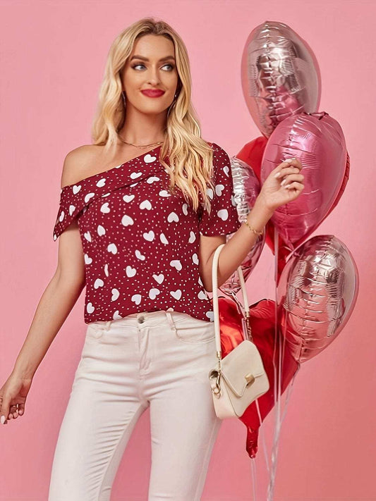 Heart One Shoulder Short Sleeve T-Shirt - Trendsi - Flyclothing LLC