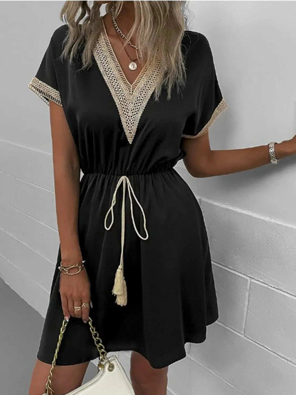 Full Size Tassel V-Neck Short Sleeve Dress Plus Size - Trendsi - Flyclothing LLC