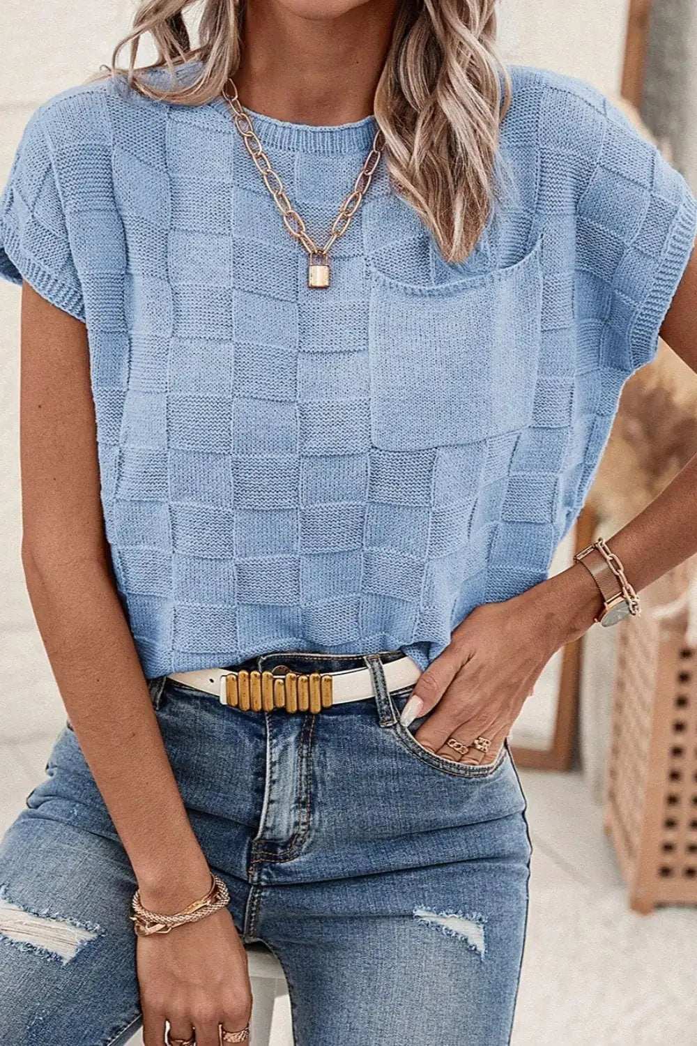 Pocketed Checkered Round Neck Knit Top - Trendsi - Flyclothing LLC