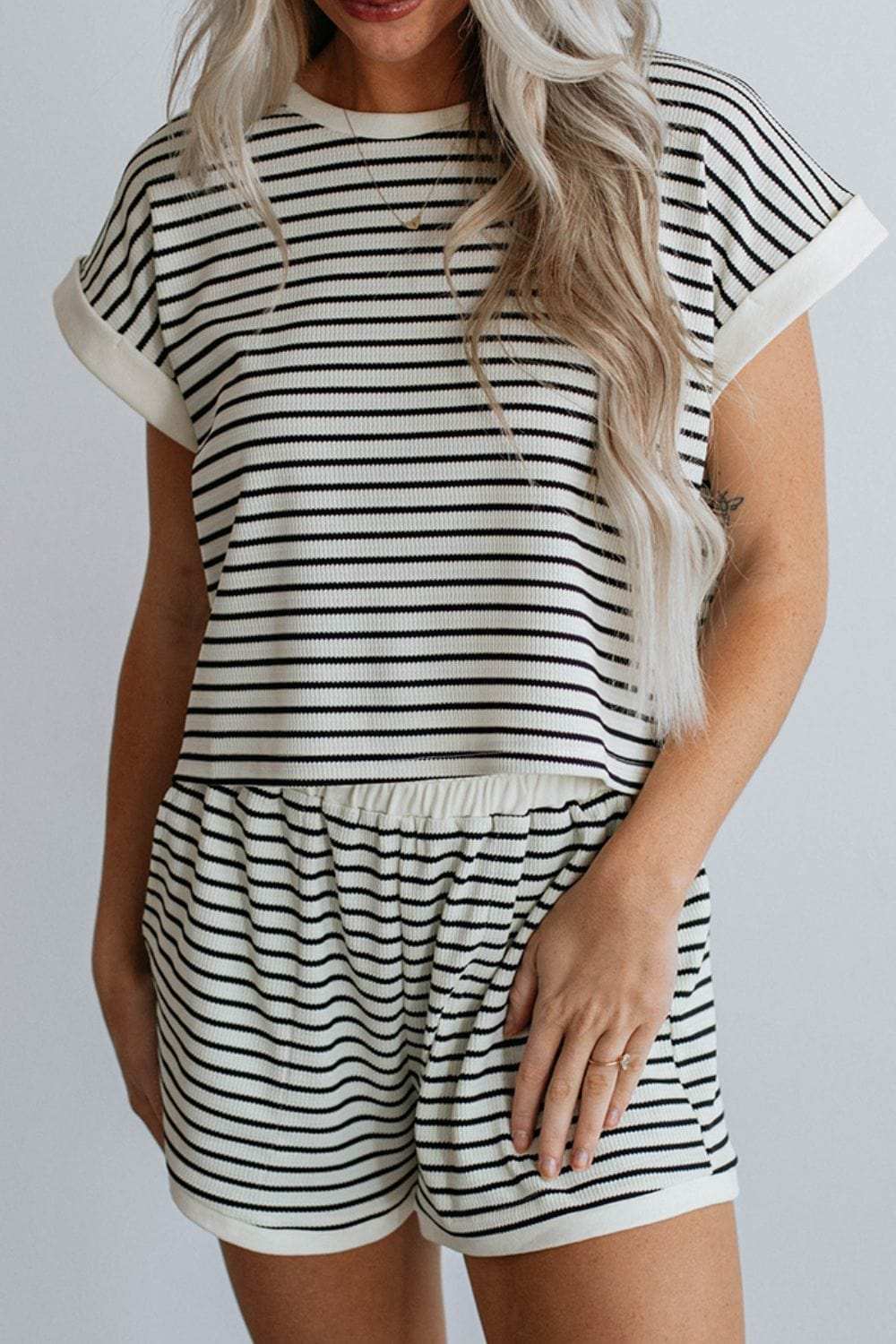 Striped Contrast Top and Shorts Set - Trendsi - Flyclothing LLC