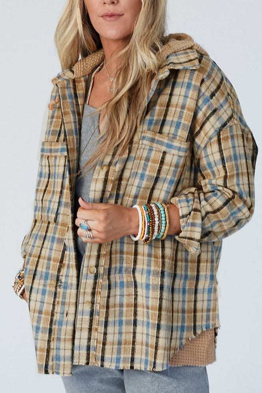 Drawstring Waffle Knit Patchwork Hooded Plaid Shacket - Trendsi - Flyclothing LLC