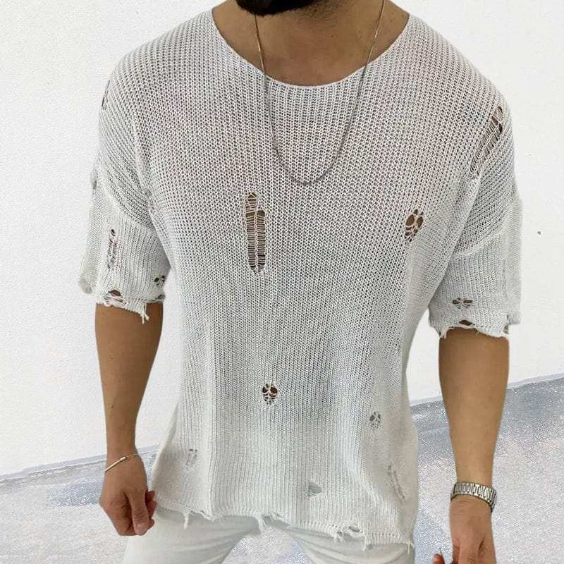 Men's Distressed Round Neck Knit Top - Trendsi - Flyclothing LLC