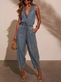 Sleeveless Drawstring Waist Washed Denim Jumpsuit - Trendsi - Flyclothing LLC