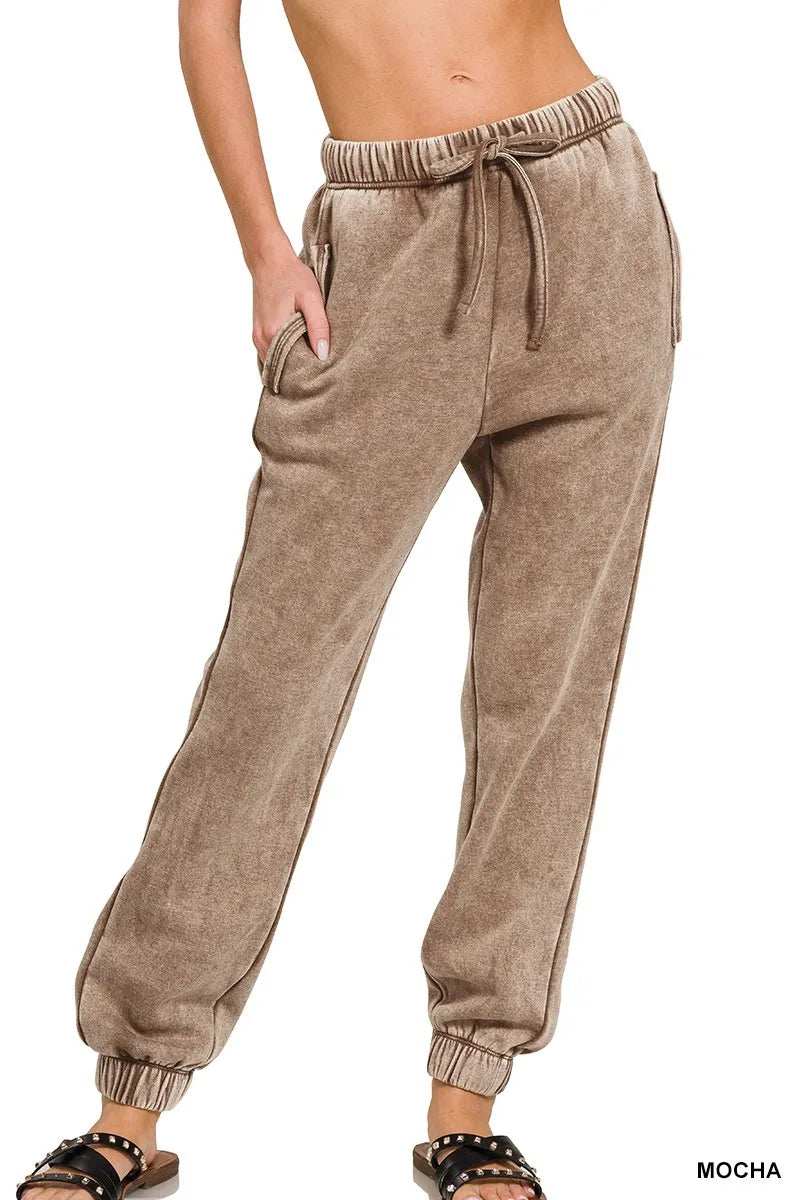 Zenana Acid Wash Fleece Sweatpants with Pockets - Trendsi - Flyclothing LLC