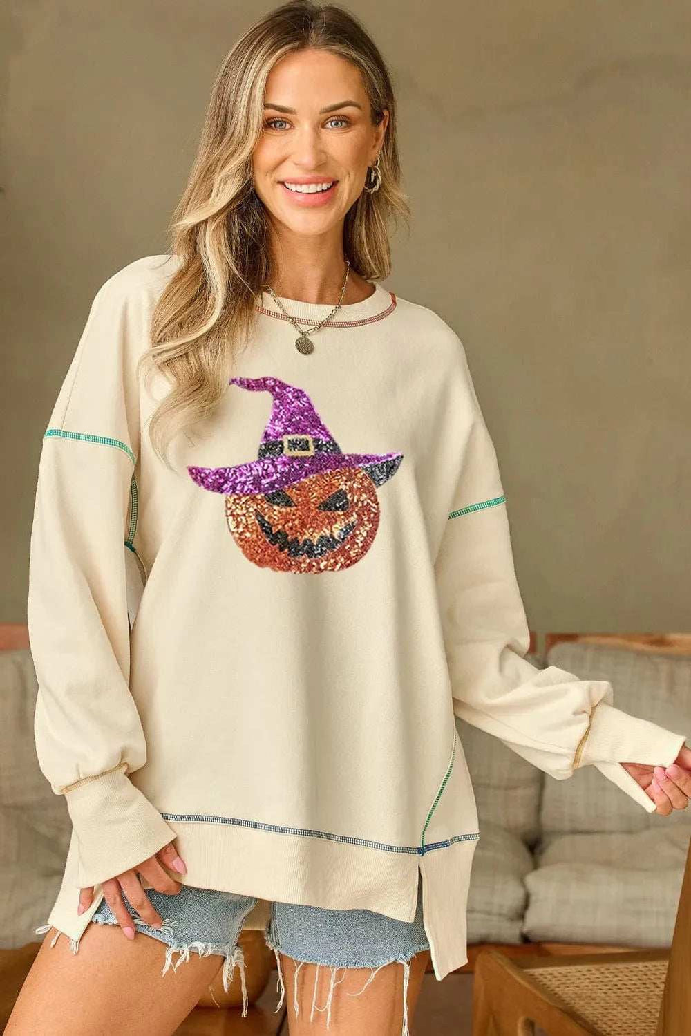 Contrast Stitching Sequin Pumpkin Round Neck Long Sleeve Sweatshirt - Trendsi - Flyclothing LLC