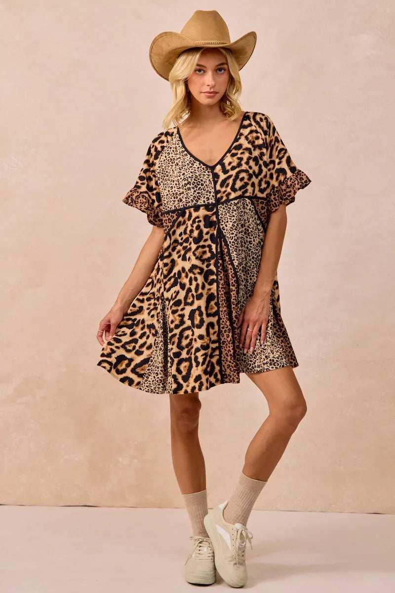BiBi Leopard Prints Mix and Match Short Sleeves Dress - Trendsi - Flyclothing LLC