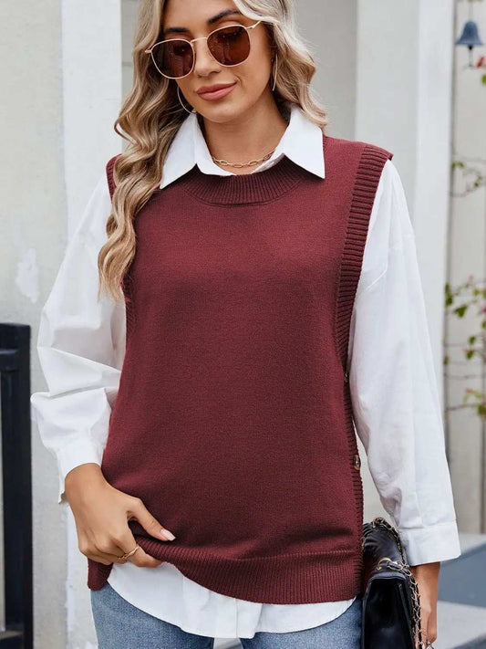 Buttoned Round Neck Sweater Vest - Trendsi - Flyclothing LLC