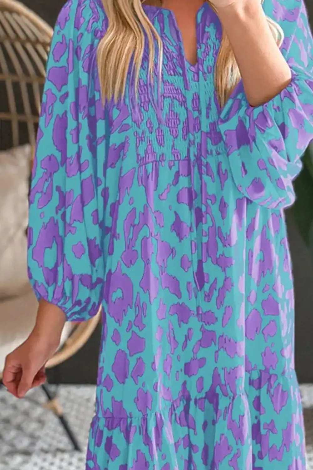 Smocked Printed Tie Neck Long Sleeve Dress - Trendsi - Flyclothing LLC