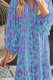 Smocked Printed Tie Neck Long Sleeve Dress - Trendsi - Flyclothing LLC