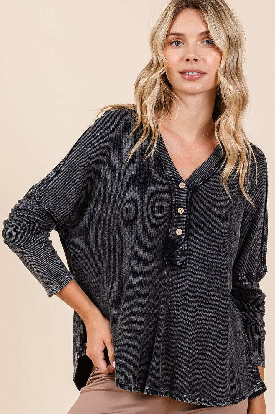 Mittoshop Washed V-Neck Long Sleeve Blouse - Trendsi - Flyclothing LLC