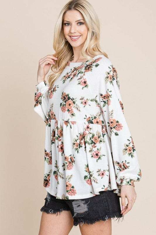 Super Lady Full Size Babydoll Floral Boat Neck Long Sleeve Blouse - Trendsi - Flyclothing LLC