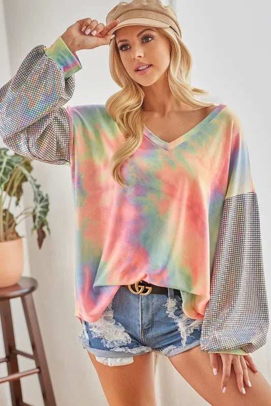 BiBi V Neck Tie Dye French Terry Top with Shiny - Trendsi - Flyclothing LLC