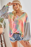BiBi V Neck Tie Dye French Terry Top with Shiny - Trendsi - Flyclothing LLC