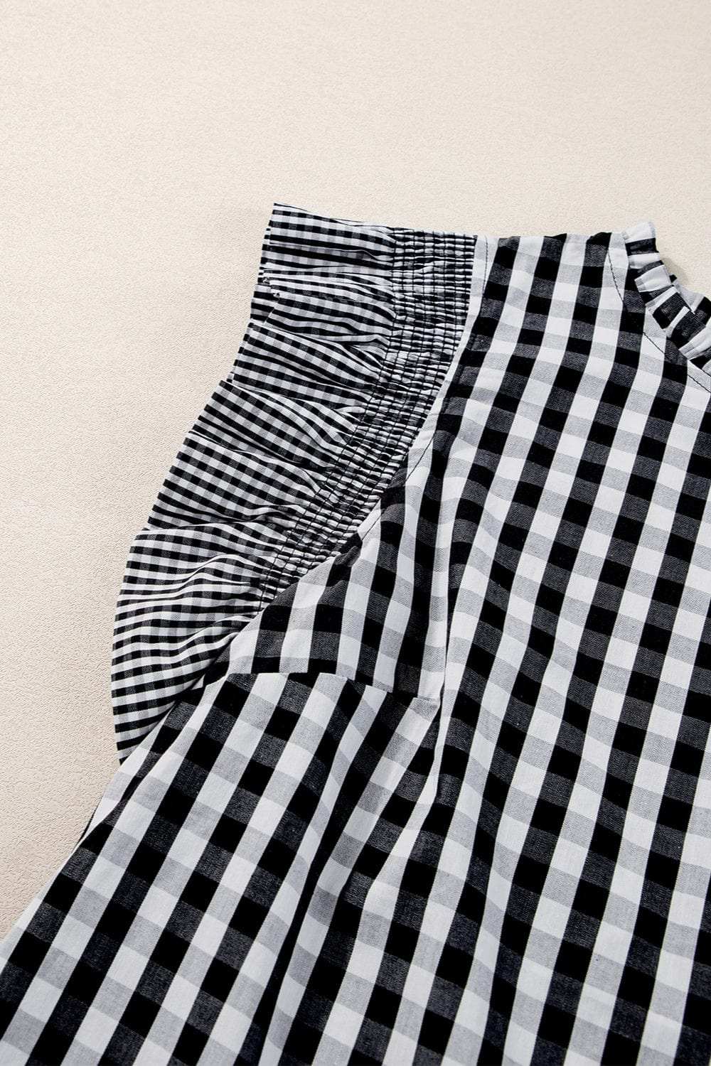 Ruffled Plaid Mock Neck Cap Sleeve Blouse - Trendsi - Flyclothing LLC