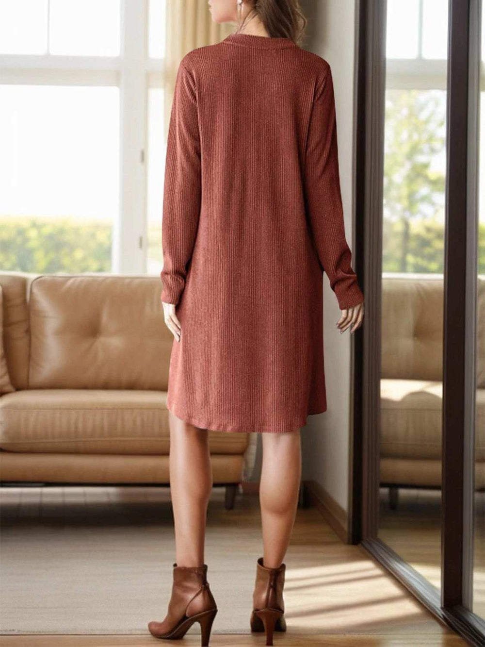 Notched Long Sleeve Mini Dress with Pockets - Trendsi - Flyclothing LLC