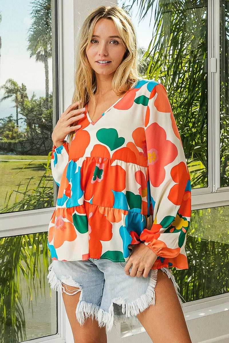 BiBi Floral Woven Tiered V Neck Top - Trendsi - Flyclothing LLC