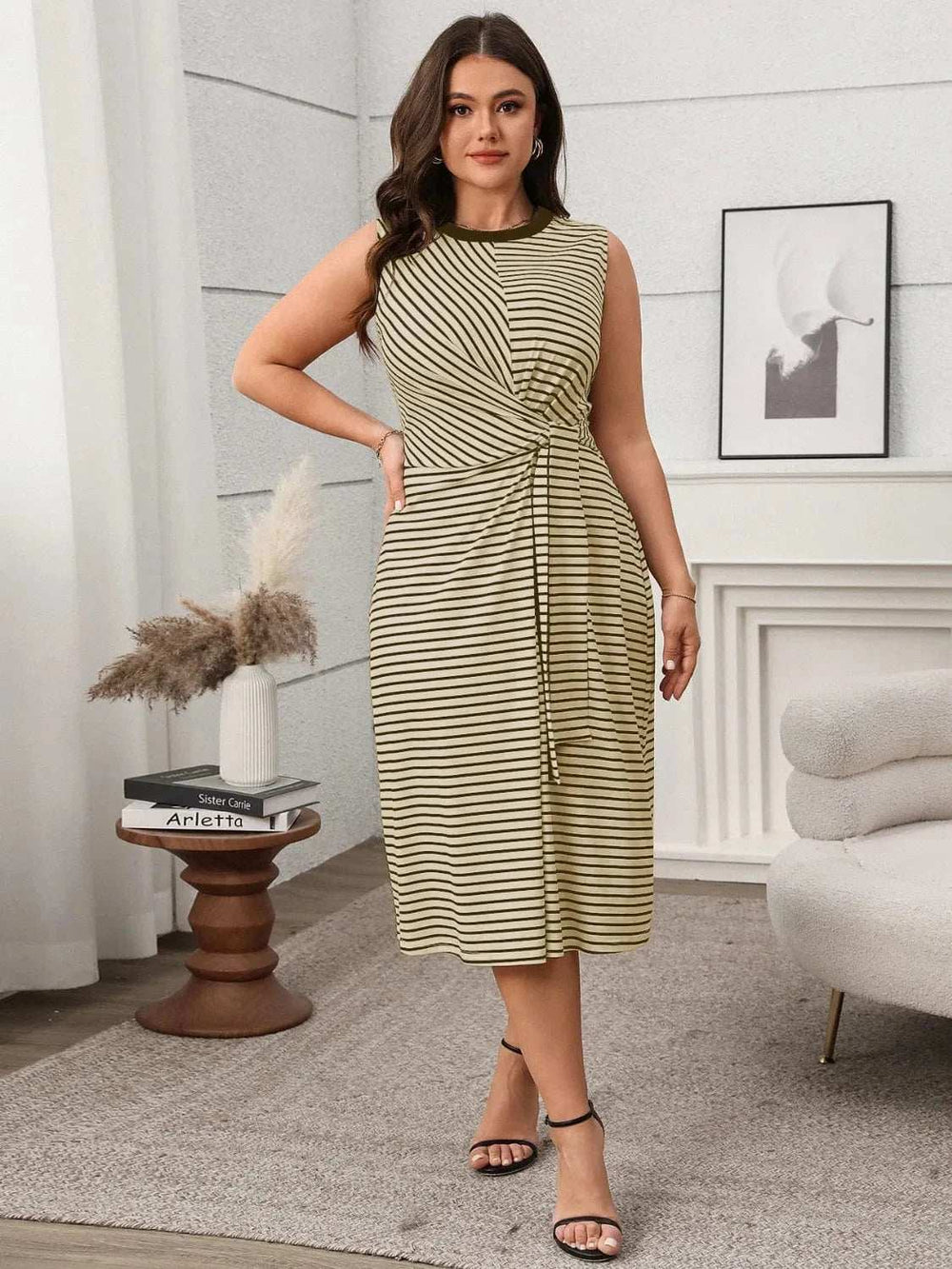 Striped Round Neck Sleeveless Midi Tank Dress - Trendsi - Flyclothing LLC