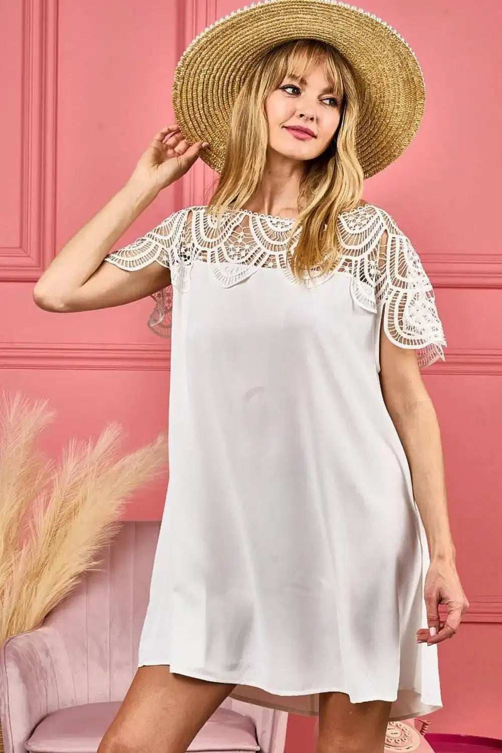 BiBi Crochet Lace Yoke Detailed Wrinkled Dress - Trendsi - Flyclothing LLC