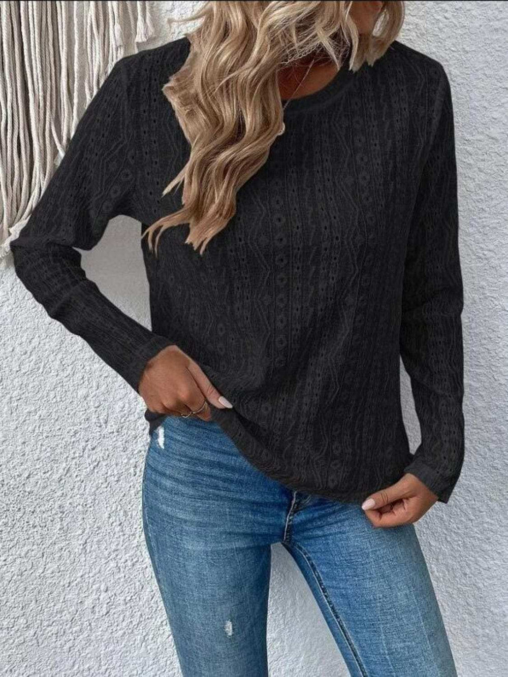 Eyelet Round Neck Long Sleeve Blouse - Trendsi - Flyclothing LLC