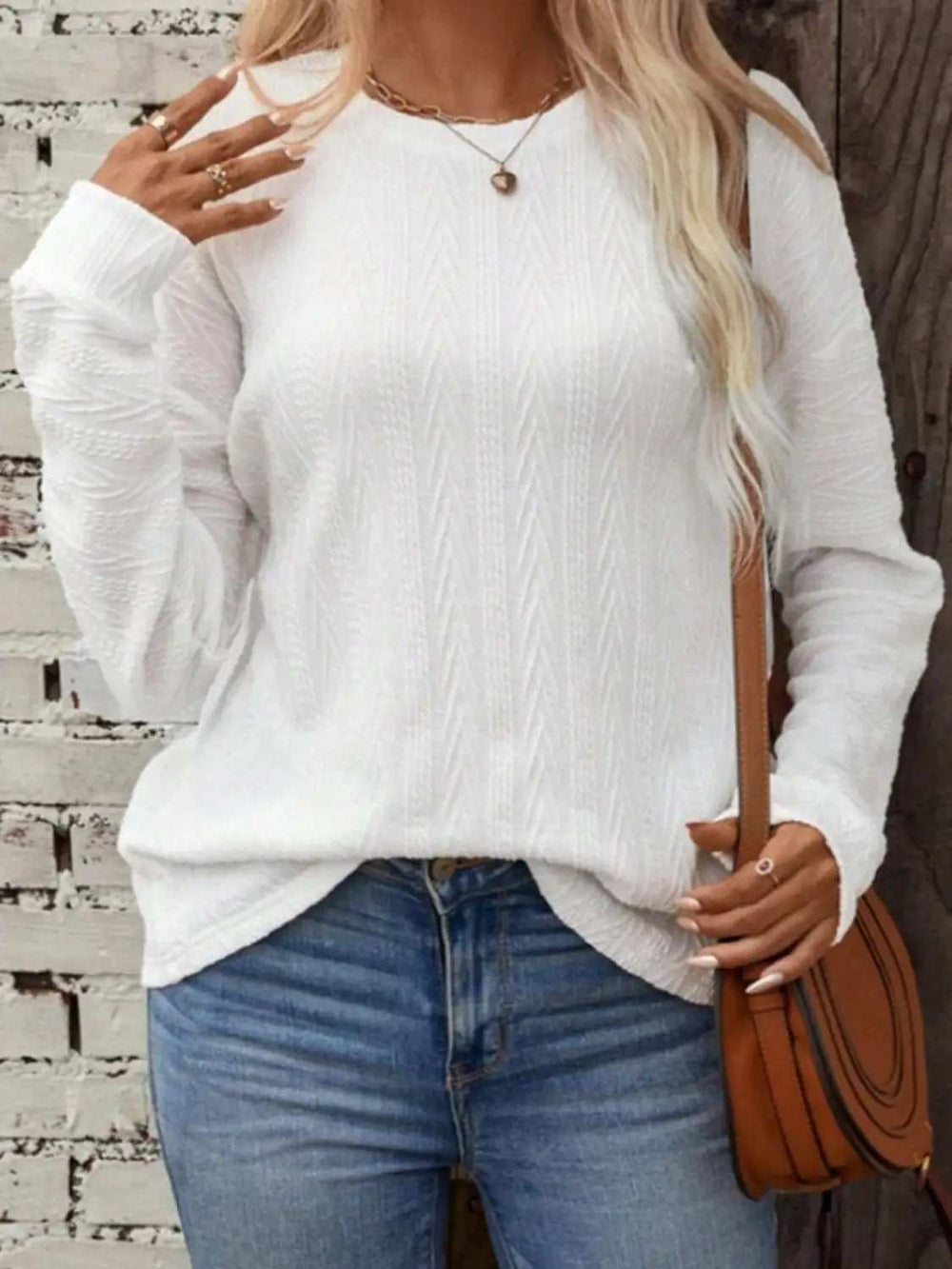 Textured Round Neck Long Sleeve T-Shirt - Trendsi - Flyclothing LLC