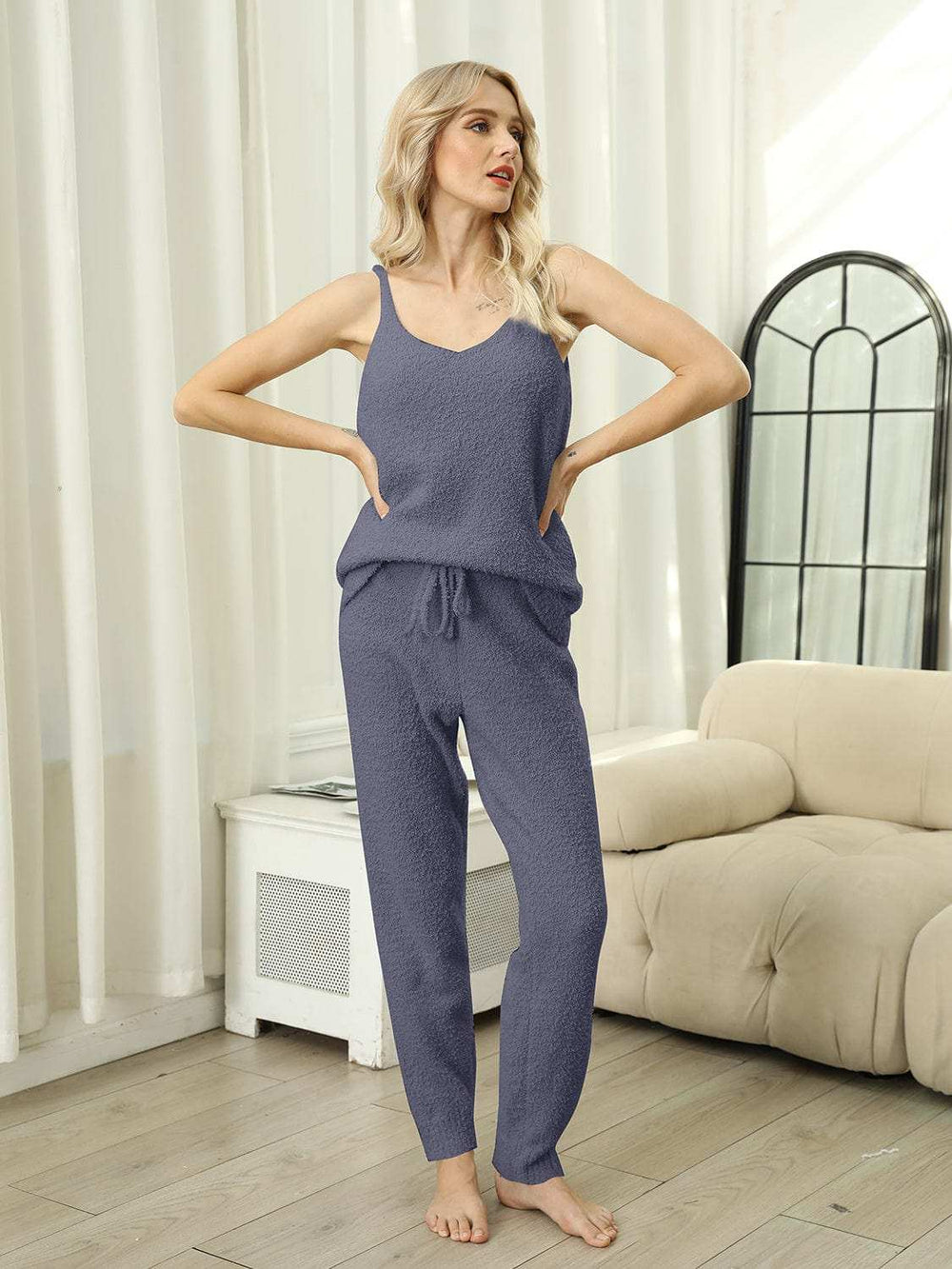 Fuzzy V-Neck Cami and Pants Lounge Set - Trendsi - Flyclothing LLC