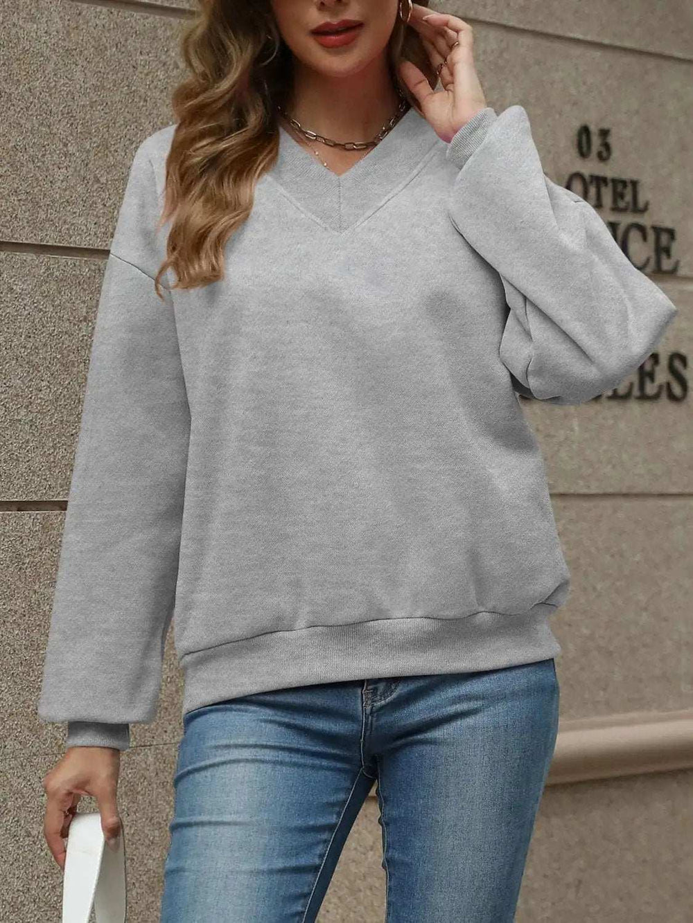 V-Neck Long Sleeve Dropped Shoulder Sweatshirt - Trendsi - Flyclothing LLC