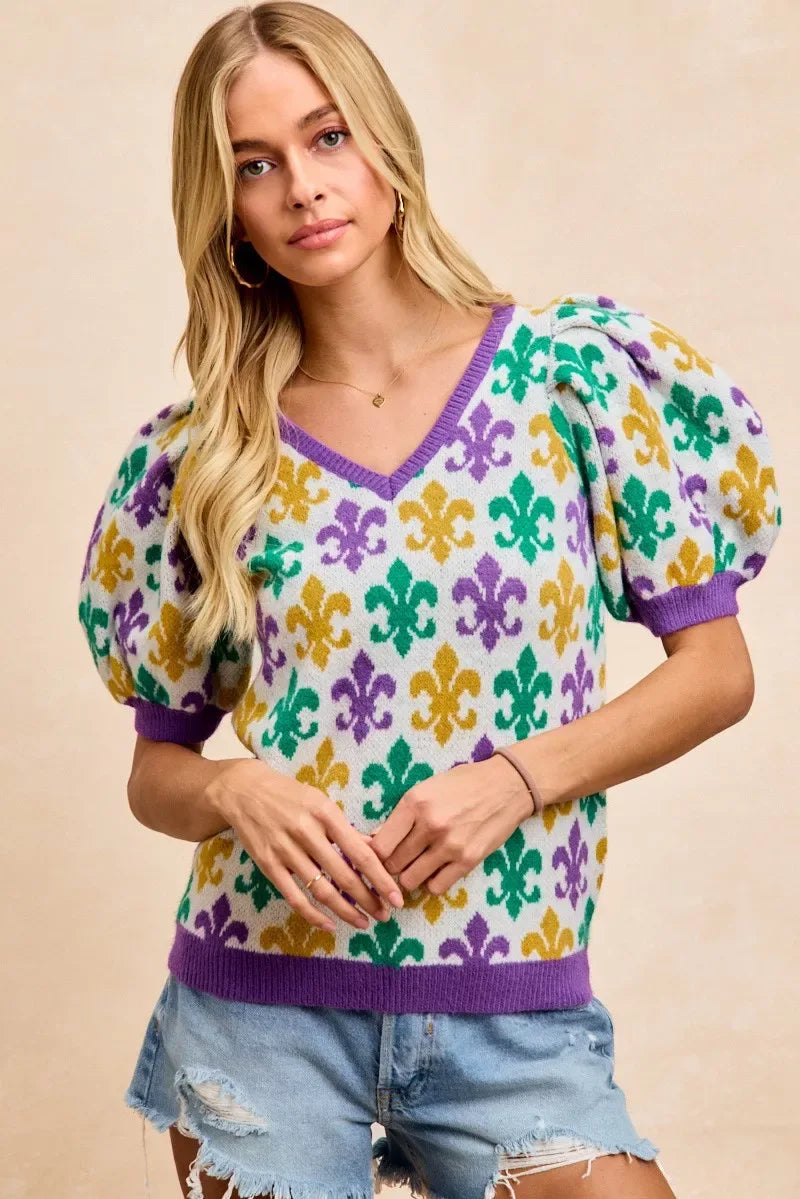 BiBi Mardi Gras Fleur De Lis Patterned V Neck Knit Top - Trendsi - Flyclothing LLC