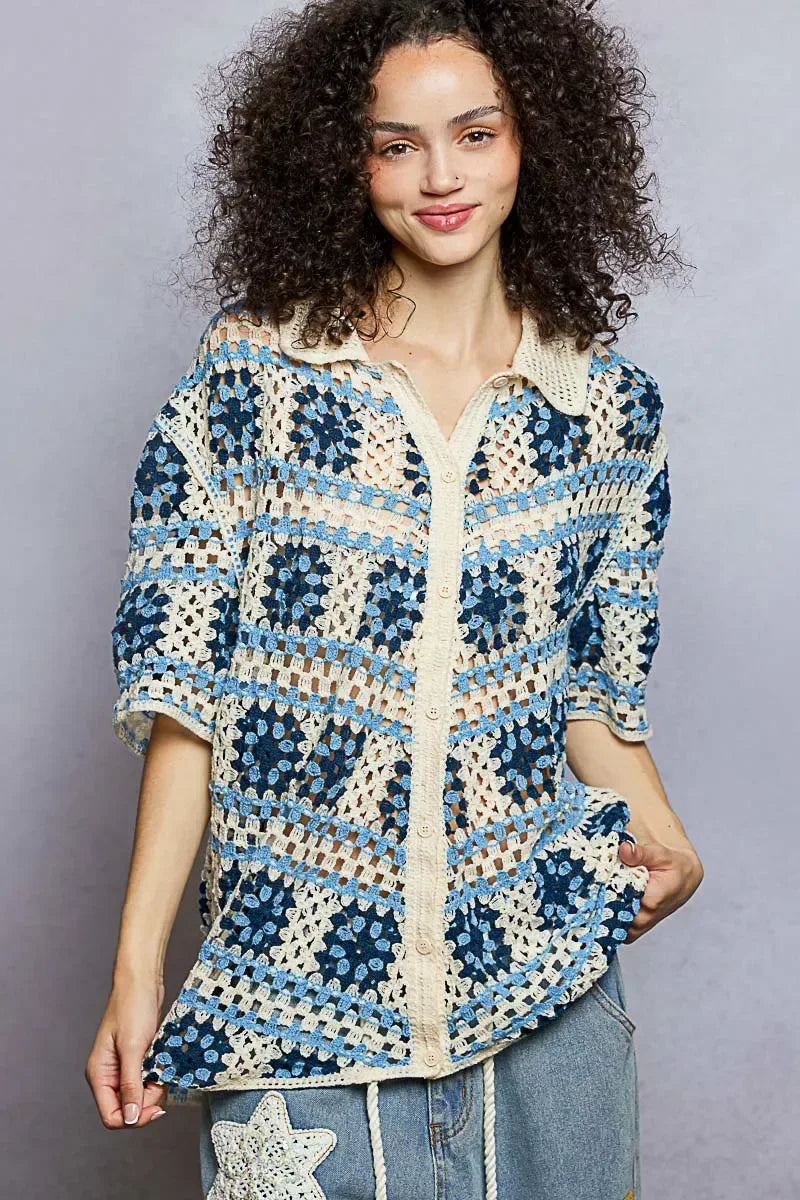 POL Openwork Short Sleeve Crochet Shirt with Border Accents - Trendsi - Flyclothing LLC