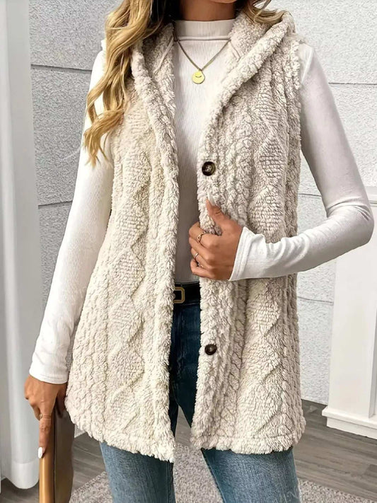 Button Up Plush Hooded Vest Coat - Trendsi - Flyclothing LLC
