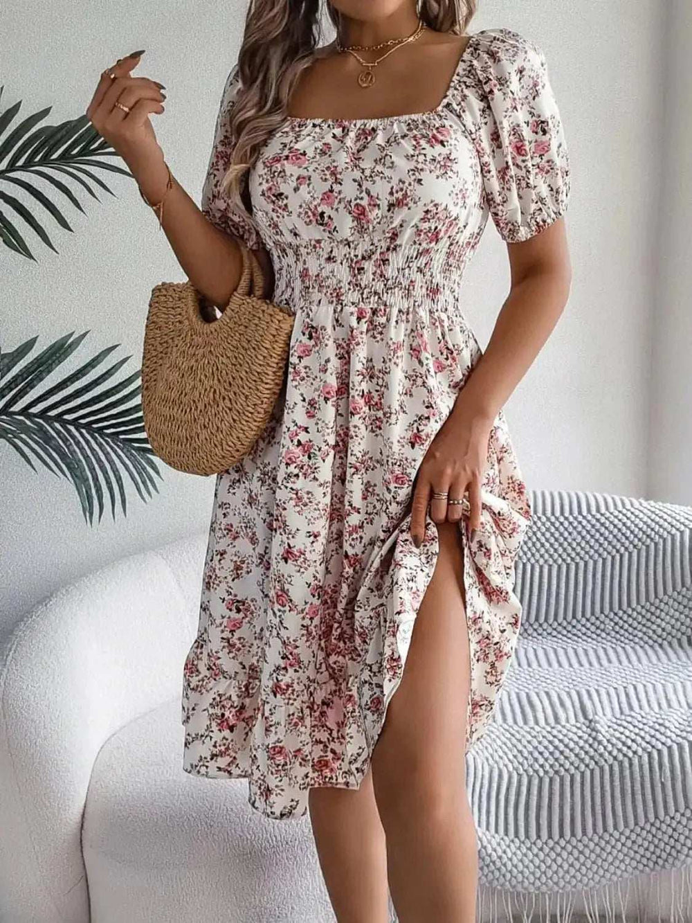 Ruffled Hem Floral Puff Sleeve Dress - Trendsi - Flyclothing LLC