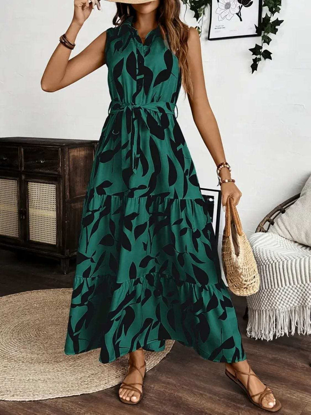 Printed Tie Waist Sleeveless Maxi Dress - Trendsi - Flyclothing LLC
