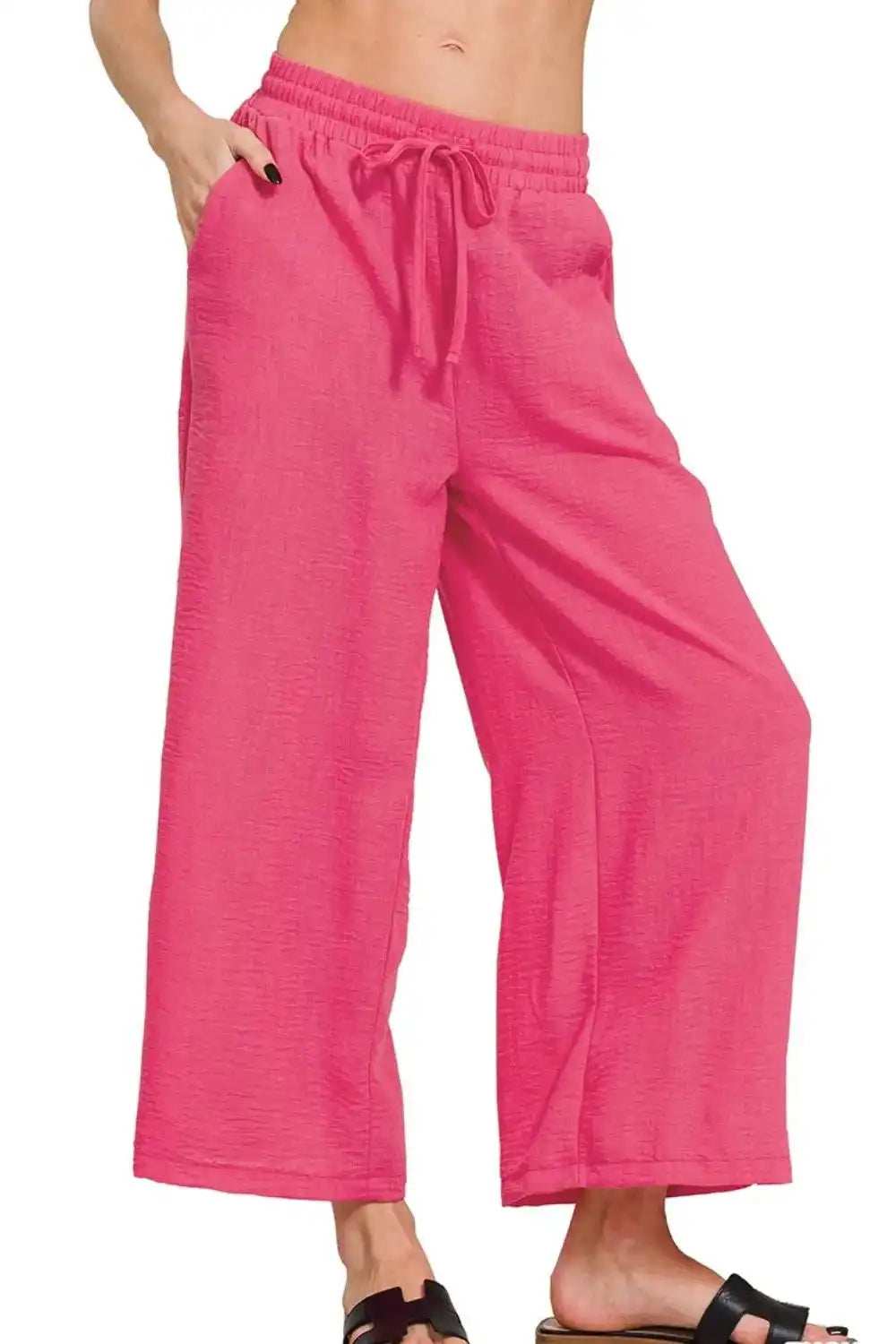 Zenana Woven Crepe Elastic Band Waist Cropped Pants - Trendsi - Flyclothing LLC