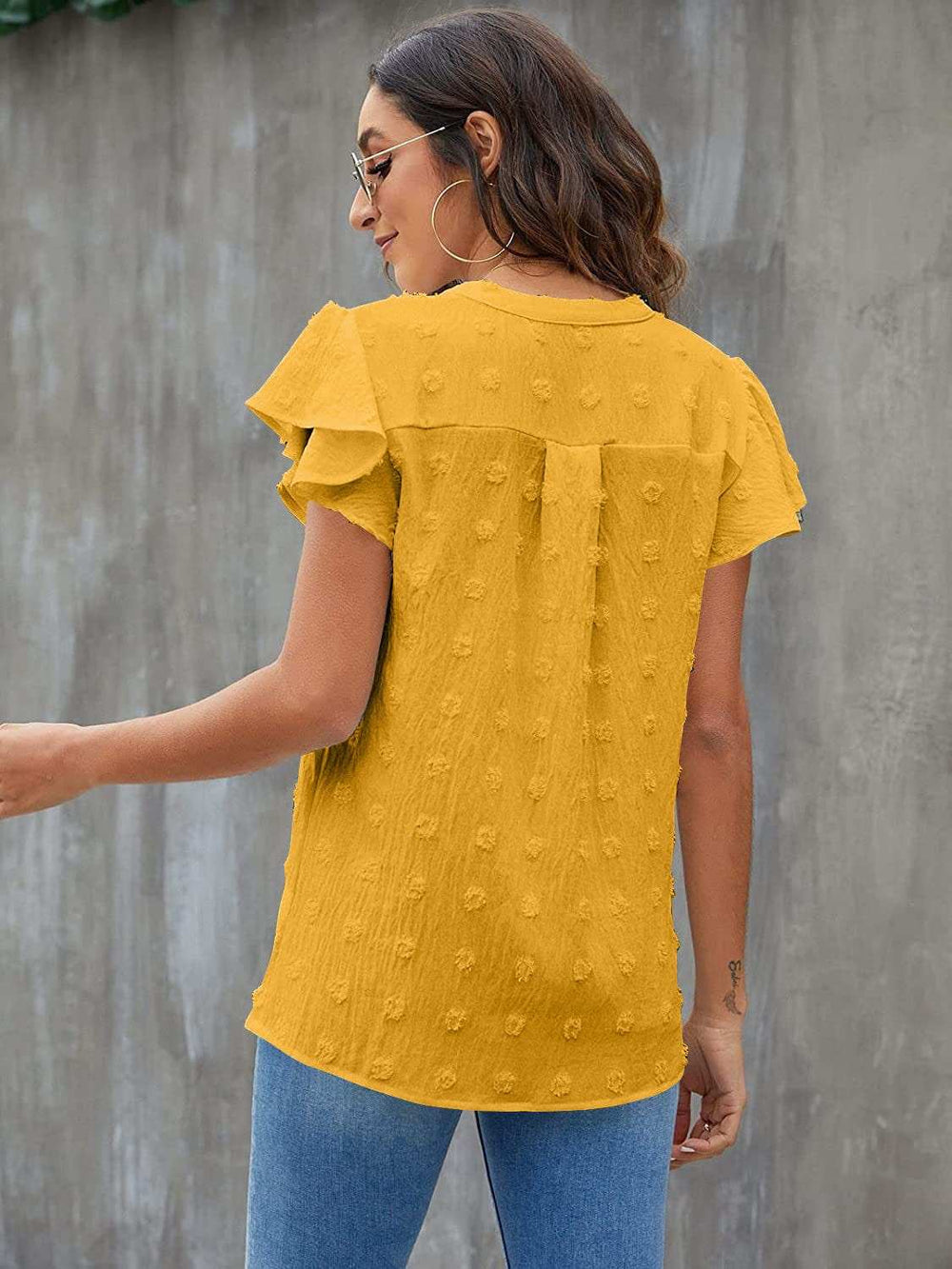 Swiss Dot Notched Flutter Sleeve Blouse - Trendsi - Flyclothing LLC