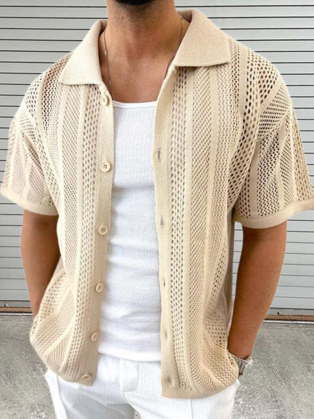 Men's Button Down Collared Neck Hollow Out Shirt - Trendsi - Flyclothing LLC