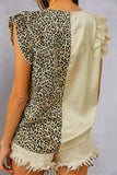 Ruffled Leopard V-Neck Cap Sleeve Blouse - Trendsi - Flyclothing LLC