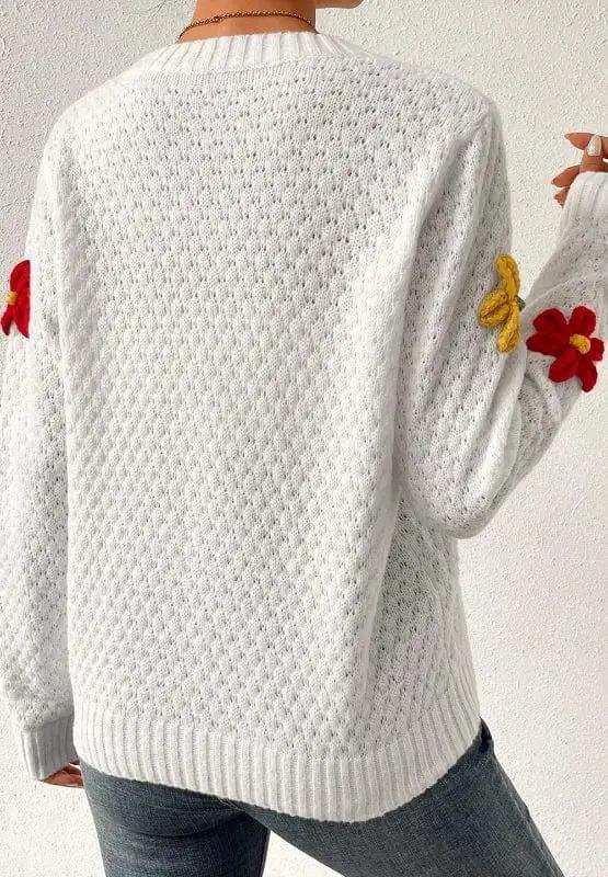 Crochet Flower Round Neck Long Sleeve Sweater - Trendsi - Flyclothing LLC