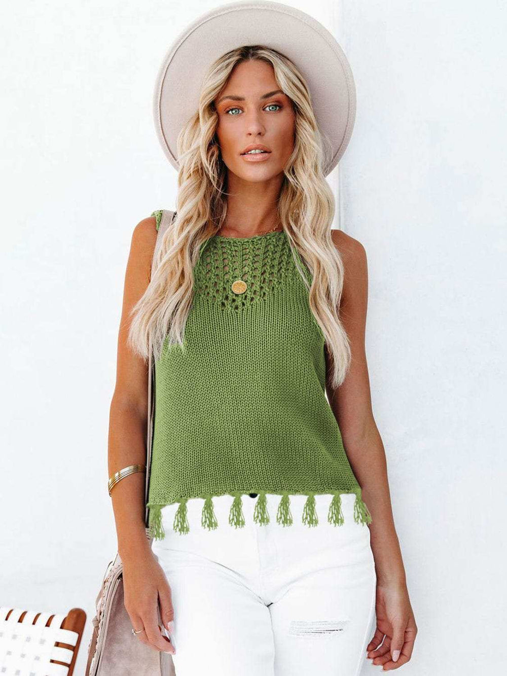 Cutout Tassel Round Neck Tank - Trendsi - Flyclothing LLC