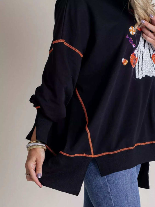 Halloween Ghost Sequin Exposed Seam Sweatshirt - Trendsi - Flyclothing LLC